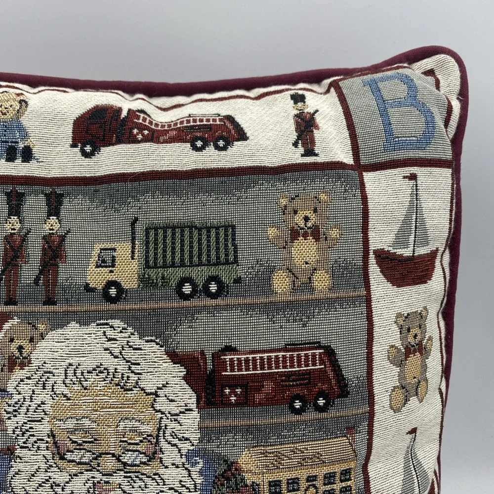 Christmas Tapestry Throw Pillow‎ Santa's Workshop Toys Blocks Bear Sewing 16x16